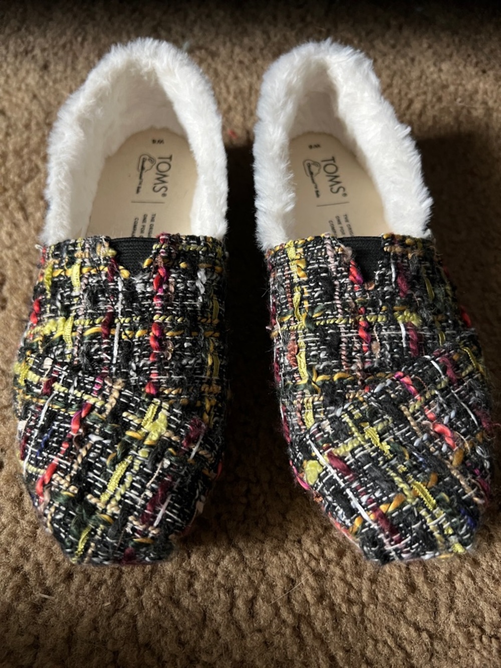 Toms Multi-Color Tweed Slip-On Flats with White Faux Fur